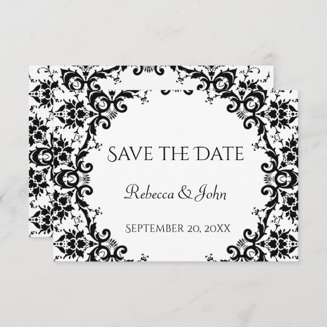 Reserva La Fecha Elegante Boda floral de Damasco blanco y negro (Anverso / Reverso)