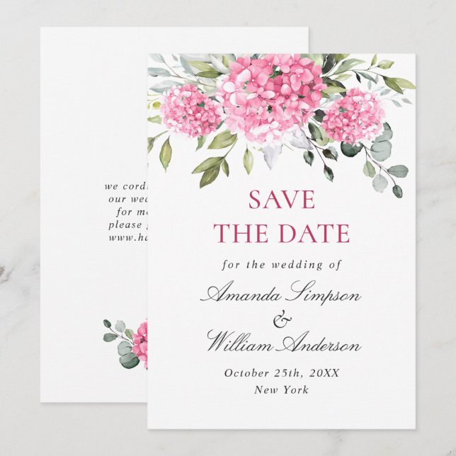 Reserva La Fecha Elegante Boda floral de Hydrangea rosa (Anverso / Reverso)