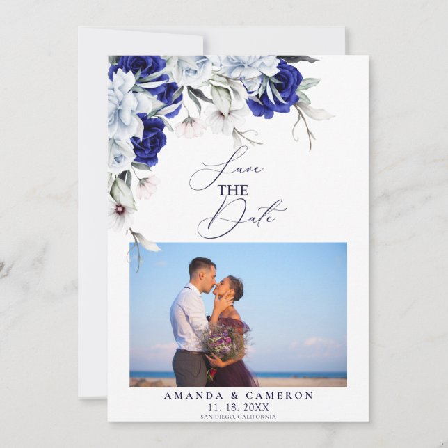 Reserva La Fecha Elegante Boda floral de la Marina Azul (Anverso)