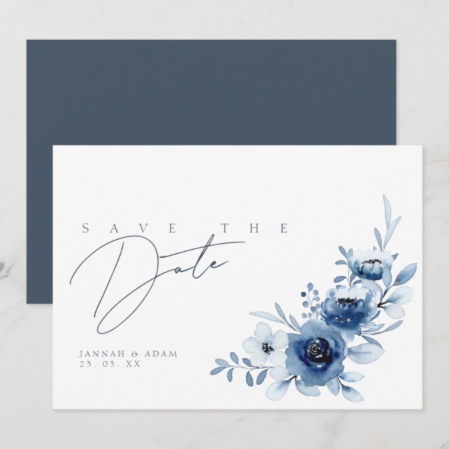 Reserva La Fecha Elegante Boda floral de Rosas azules reales (Anverso / Reverso)