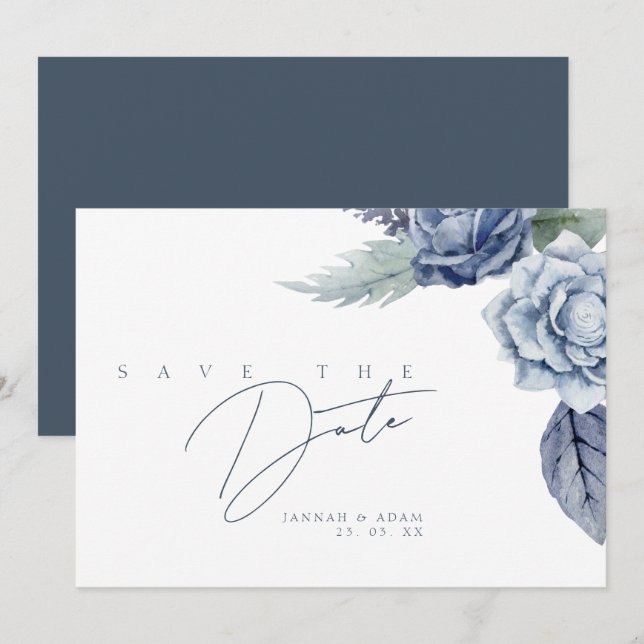 Reserva La Fecha Elegante Boda floral de Rosas azules reales (Anverso / Reverso)