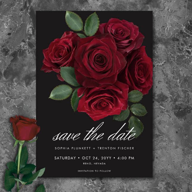 Reserva La Fecha Elegante Boda floral de Roses Rojos Sangre Emotiva (Elegant Moody Blood Red Roses Floral Wedding Save The Date)