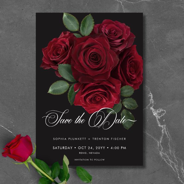 Reserva La Fecha Elegante Boda floral de Roses Rojos Sangre Emotiva (Elegant Moody Blood Red Roses Floral Wedding Save The Date)