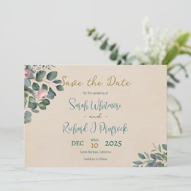 Reserva La Fecha Elegante Boda floral de Rubor y Sage (Anverso de pie)