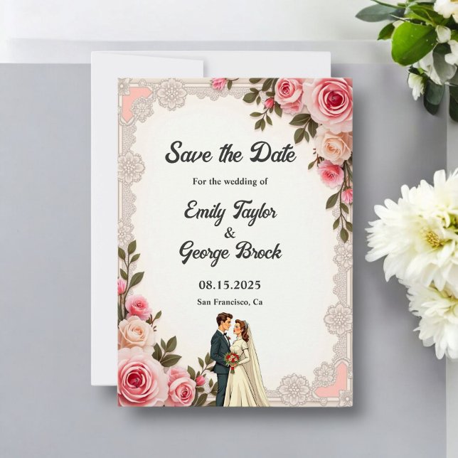 Reserva La Fecha Elegante Boda floral de verano de la pareja rosa d (Subido por el creador)