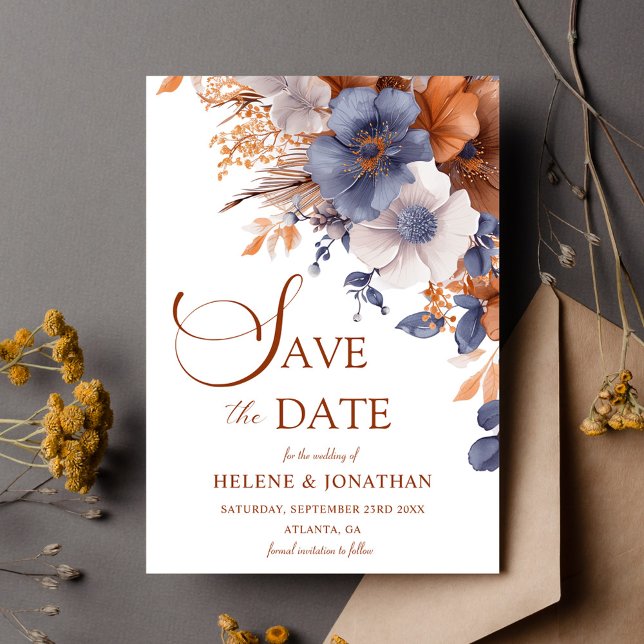 Reserva La Fecha Elegante Boda Floral Dusty Blue Terracotta (Elegant Floral Dusty Blue Terracotta Wedding Save The Date)