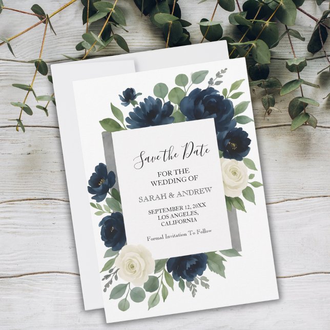 Reserva La Fecha Elegante boda floral en azul marino y marfil (Elegant Navy Blue & Ivory Floral Wedding Save The Date)