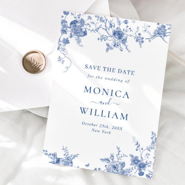 Reserva La Fecha Elegante Boda floral francés azul victoriano (Subido por el creador)