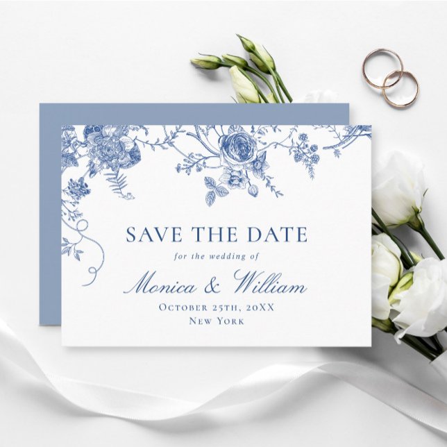 Reserva La Fecha Elegante Boda floral francés azul victoriano (Subido por el creador)