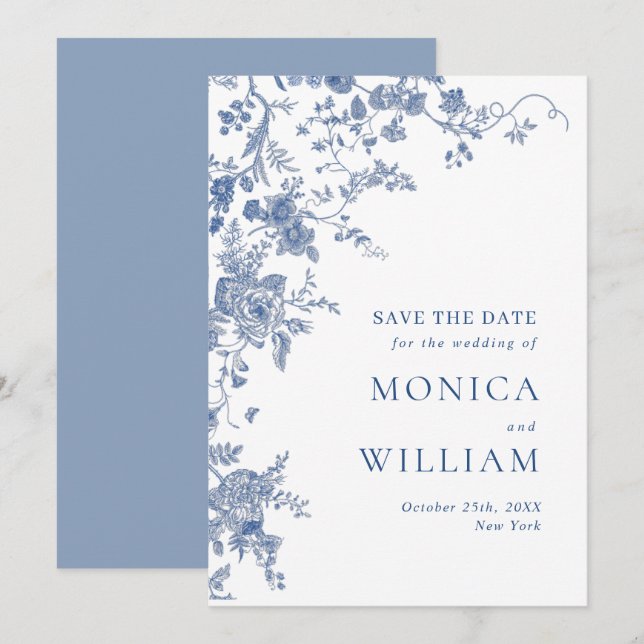 Reserva La Fecha Elegante Boda floral francés azul victoriano (Anverso / Reverso)