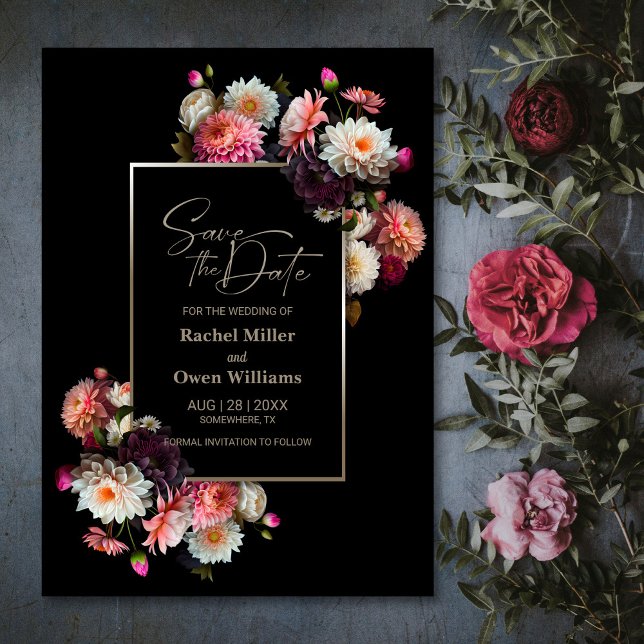 Reserva La Fecha Elegante boda floral negra salva la fecha (Subido por el creador)