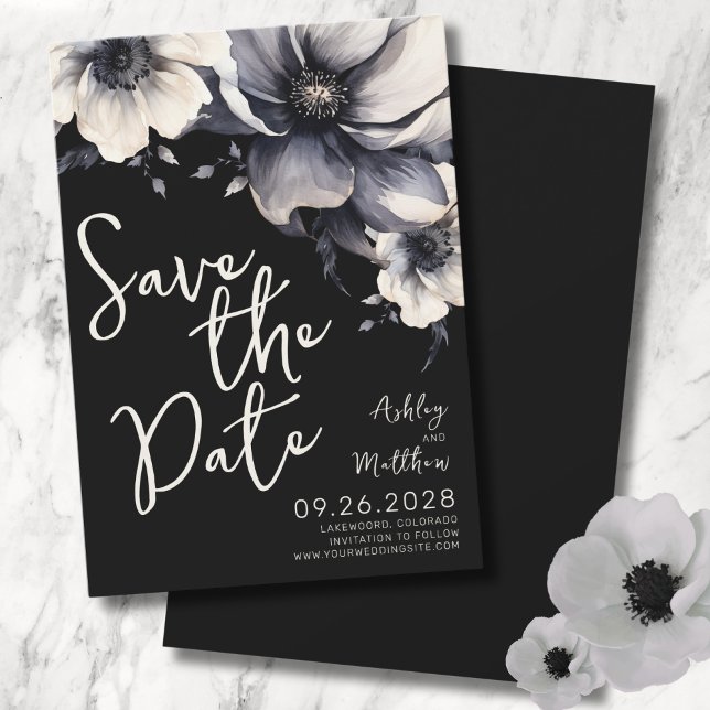 Reserva La Fecha Elegante Boda floral negro (Script Modern Elegant Floral Black White Wedding Save The Date)