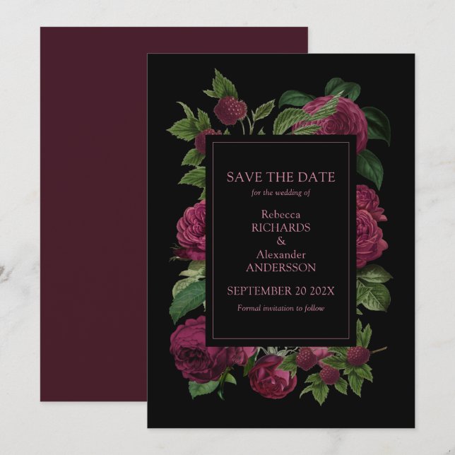 Reserva La Fecha Elegante Boda floral oscuro de Borgoña (Anverso / Reverso)