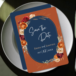 Reserva La Fecha Elegante boda floral otoñal de naranja y azul mari