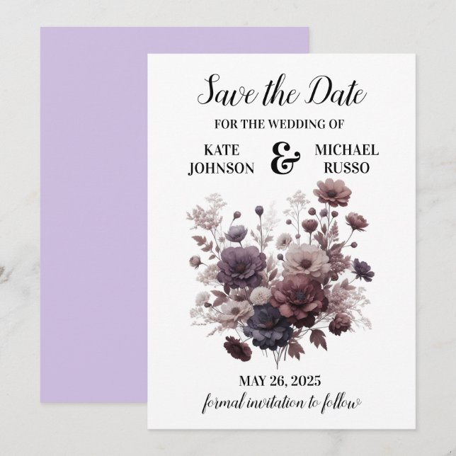 Reserva La Fecha Elegante Boda floral Purple Rubor (Anverso / Reverso)