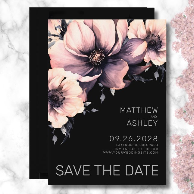 Reserva La Fecha Elegante Boda floral rosa negro moderno (Modern Floral Black White Wedding Reply RSVP Enclosure Card)