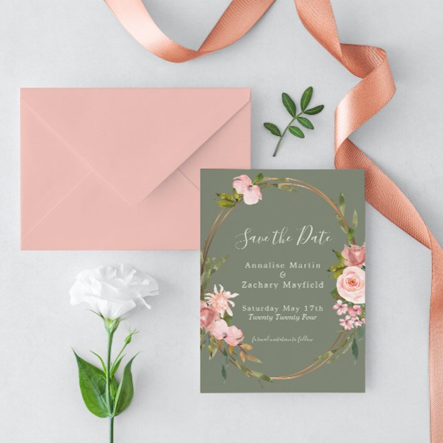 Reserva La Fecha Elegante Boda floral rosa Sage Green Rubor (Subido por el creador)
