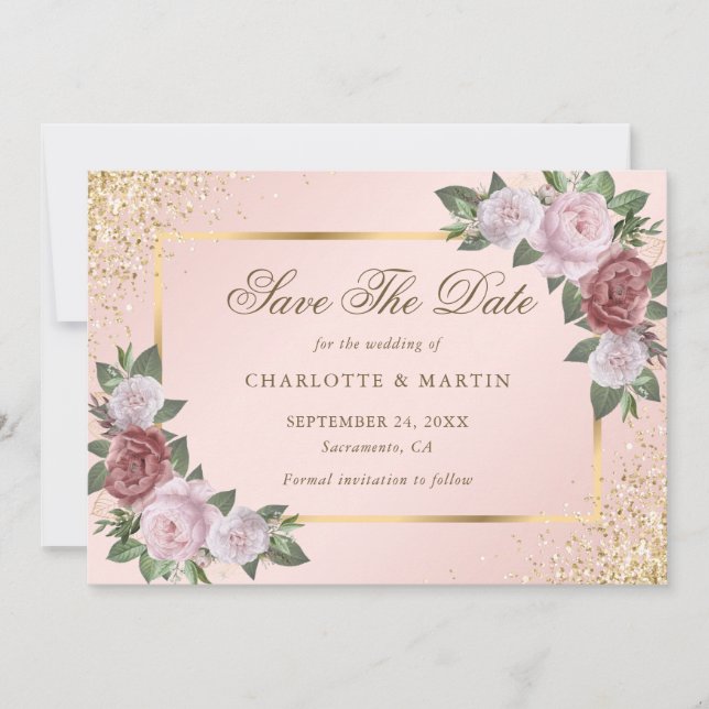 Reserva La Fecha Elegante Boda floral Rubor Gold Confetti (Anverso)