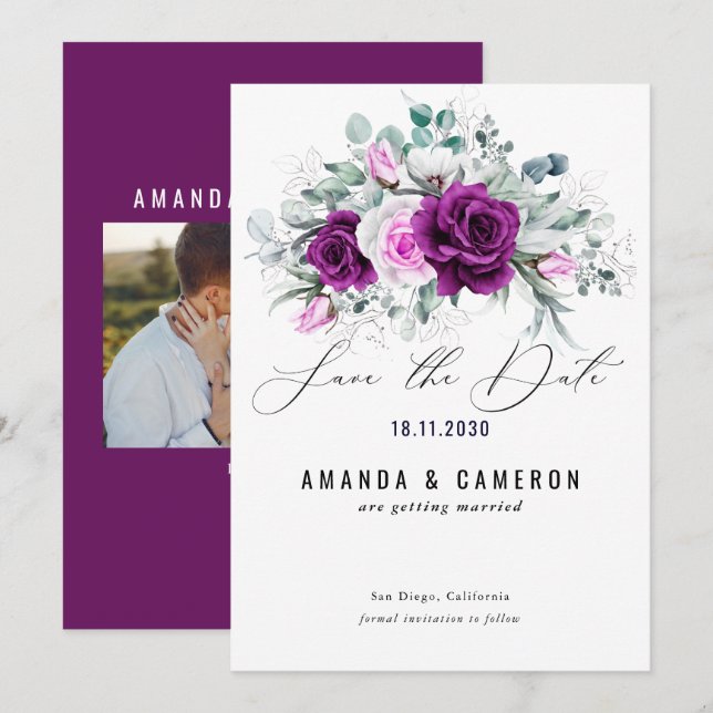 Reserva La Fecha Elegante Boda floral ruso morado Rubor (Anverso / Reverso)