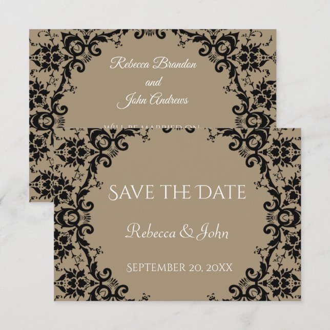 Reserva La Fecha Elegante Boda Floral Taupe Damask (Anverso / Reverso)
