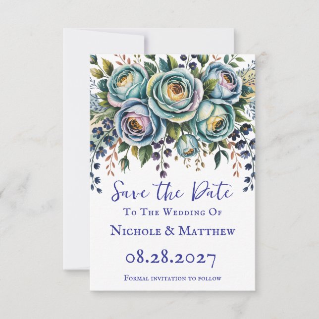 Reserva La Fecha Elegante Boda Floral Turquesa Azul (Anverso)