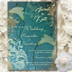 Reserva La Fecha Elegante Boda floral Verde azulado y dorado