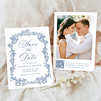 Reserva La Fecha Elegante Boda Floral Victoriana Código QR Azul