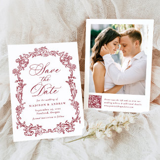 Reserva La Fecha Elegante Boda Floral Victoriana en Burgundy con Có