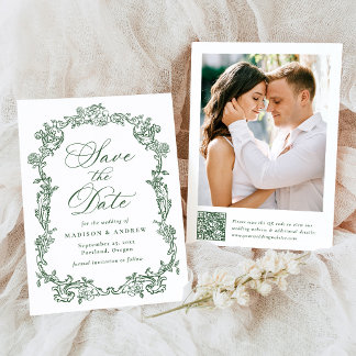 Reserva La Fecha Elegante Boda Floral Victoriana Verde Código QR