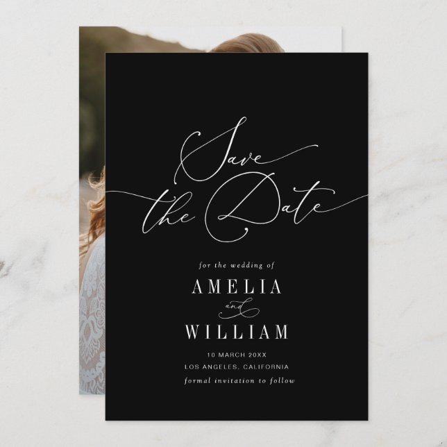 Reserva La Fecha elegante boda formal en blanco y negro (Anverso / Reverso)