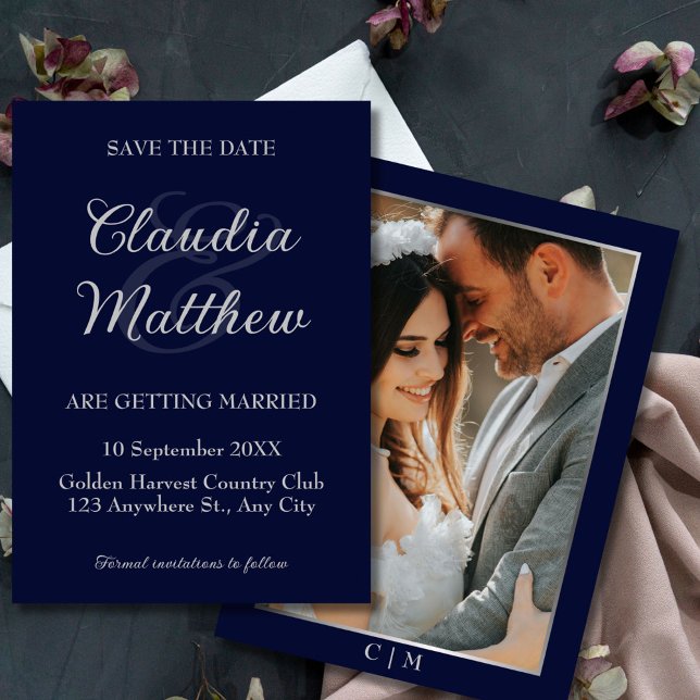 Reserva La Fecha Elegante Boda fotográfico con guiones azul y plate (Elegant Blue & Silver Script Photo Wedding Save The Date)