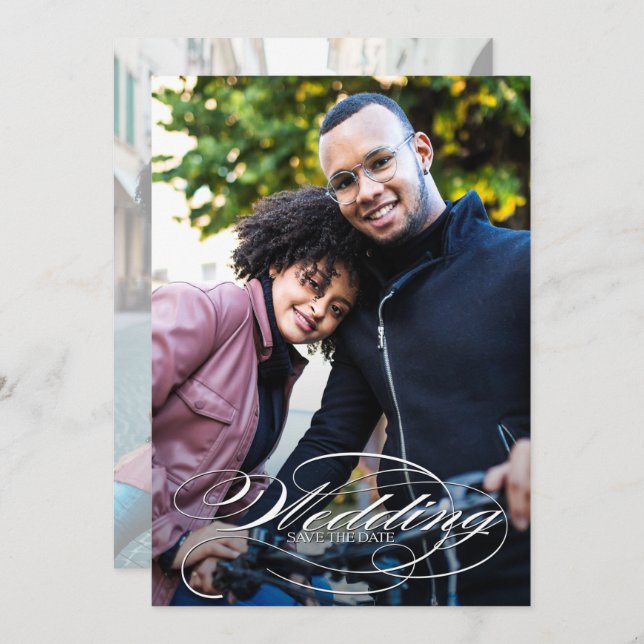 Reserva La Fecha Elegante Boda fotográfico de escritura blanca (Anverso / Reverso)