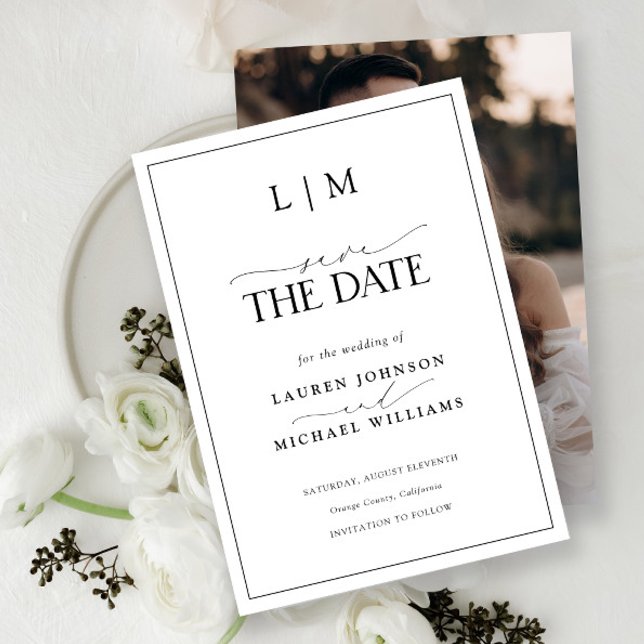 Reserva La Fecha Elegante Boda fotográfico de Monograma Blanco y Ne (Save the Date Invitation!)
