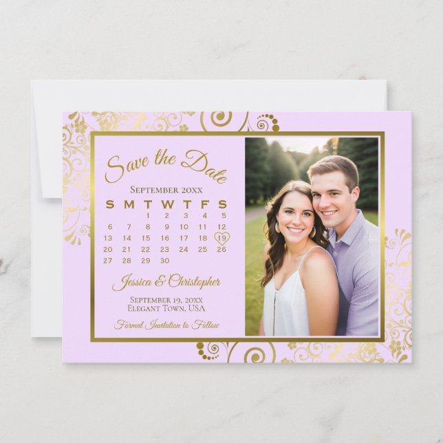 Reserva La Fecha Elegante Boda fotográfico Lilac Purple & Gold Cale (Anverso)