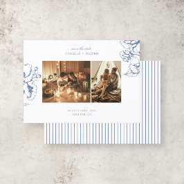 Reserva La Fecha Elegante Boda fotográfico Vintage Blue Floral Gard