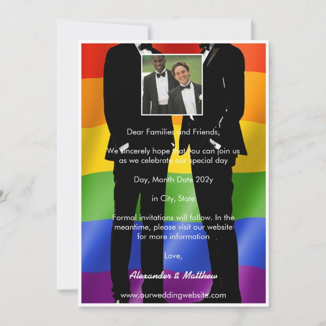 Reserva La Fecha Elegante Boda Gay Men moderno foto Arcoiris (Reverso)