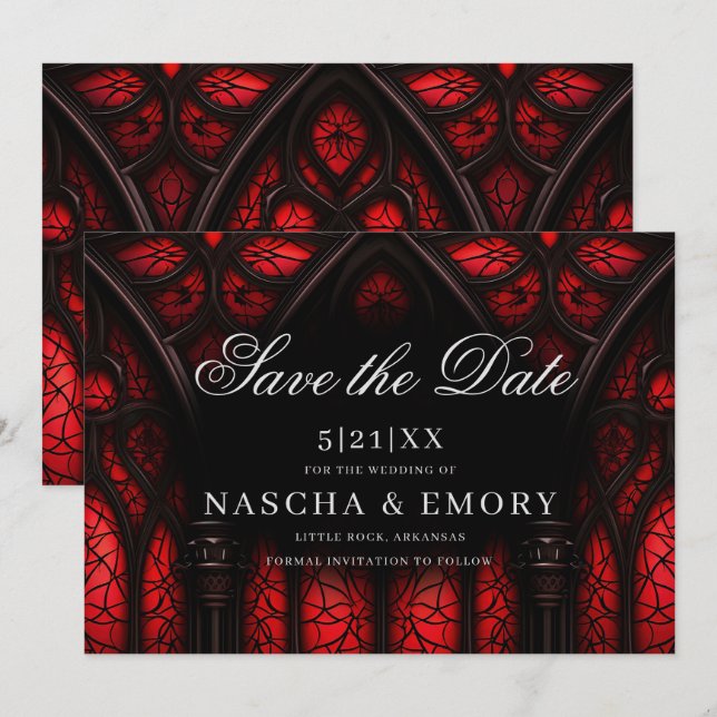 Reserva La Fecha Elegante Boda gótico de la Catedral Roja y Negra (Anverso / Reverso)