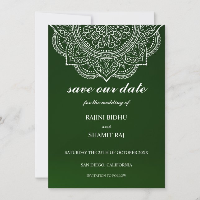 Reserva La Fecha Elegante Boda hindú de Emerald Green Paisley (Anverso)