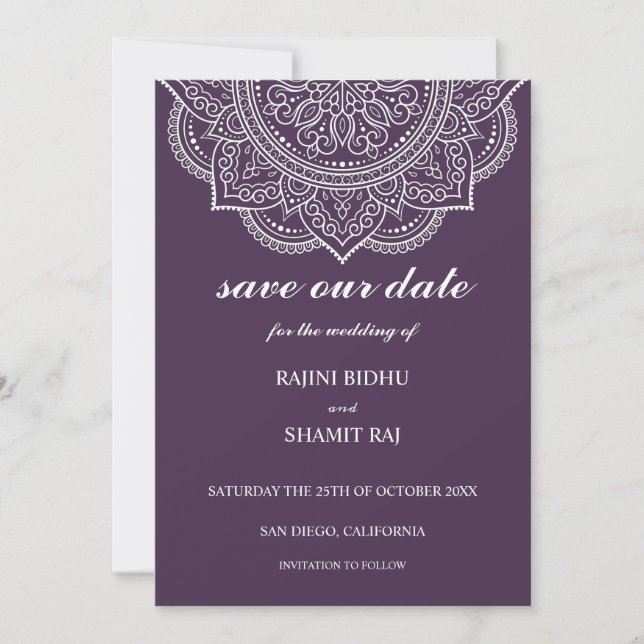 Reserva La Fecha Elegante Boda hindú Eggplant Paisley (Anverso)