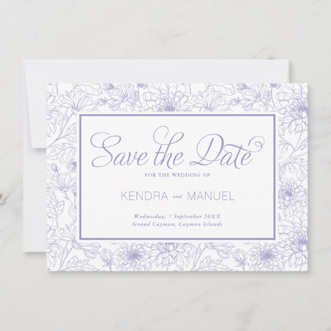 Reserva La Fecha Elegante Boda Lilac Purple Floral Toile (Anverso)