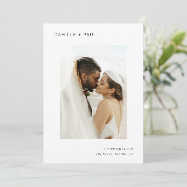 Reserva La Fecha Elegante Boda Minimalista de fotografías en blanco (Anverso de pie)