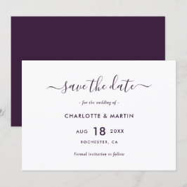 Reserva La Fecha Elegante Boda Moderna con Letra Script Púrpura