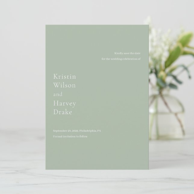 Reserva La Fecha Elegante Boda Moderna Verde Salvia (Anverso de pie)