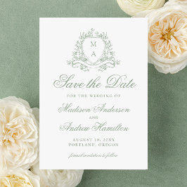 Reserva La Fecha Elegante Boda Monograma de Escudo floral verde sab