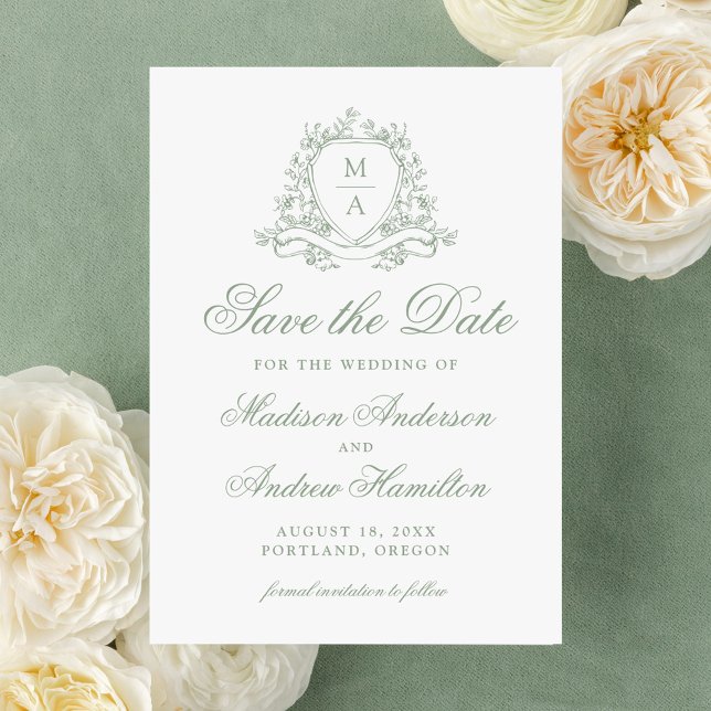 Reserva La Fecha Elegante Boda Monograma de Escudo floral verde sab (Subido por el creador)