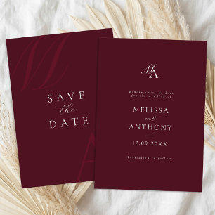 Reserva La Fecha Elegante Boda Monograma Moderno Burgundy