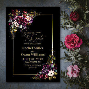 Reserva La Fecha Elegante Boda morado borgoña negro floral