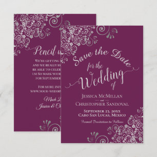 Reserva La Fecha Elegante Boda morado de encaje gris plateado