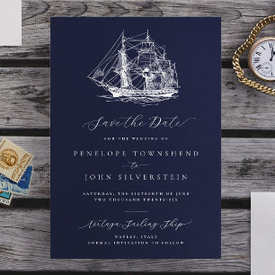 Reserva La Fecha Elegante Boda Náutica de Azul Marino