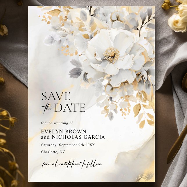 Reserva La Fecha Elegante Boda negro gris de Peony Gold Flower (Elegant Flower Peony Gold Grey Black Wedding Save The Date)